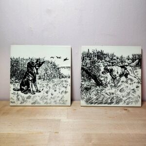 Vintage Pair Of Soriano Ceramics GSP Dog Tile‎ Trivet 6"×6" Hunting Birddogs